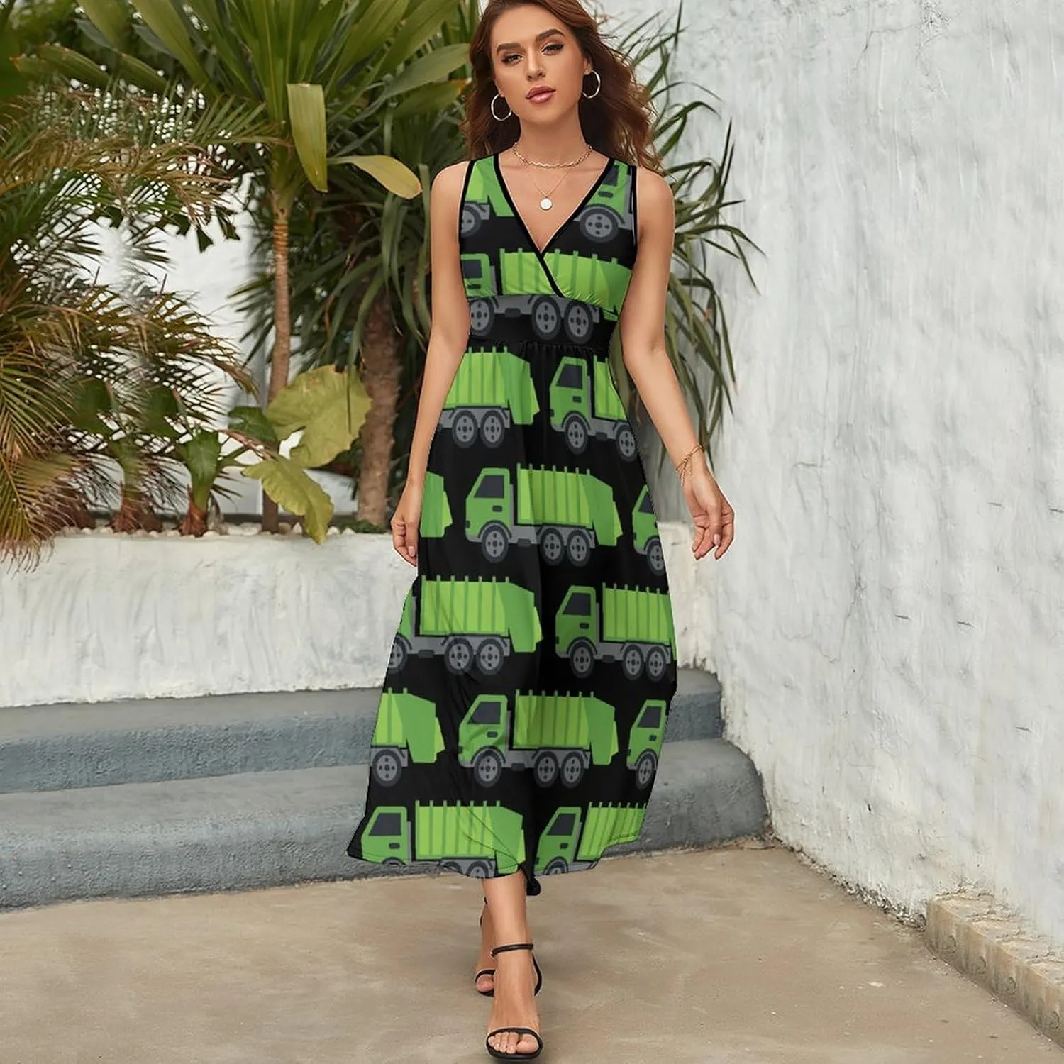 Green Garbage Truck Women Maxi Dress Sleeveless Sundress Casual Tank Long Dresses