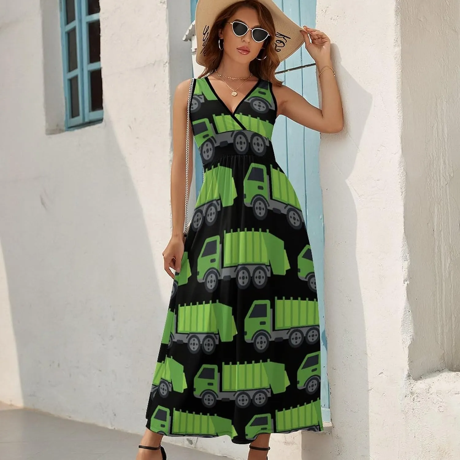 Green Garbage Truck Women Maxi Dress Sleeveless Sundress Casual Tank Long Dresses