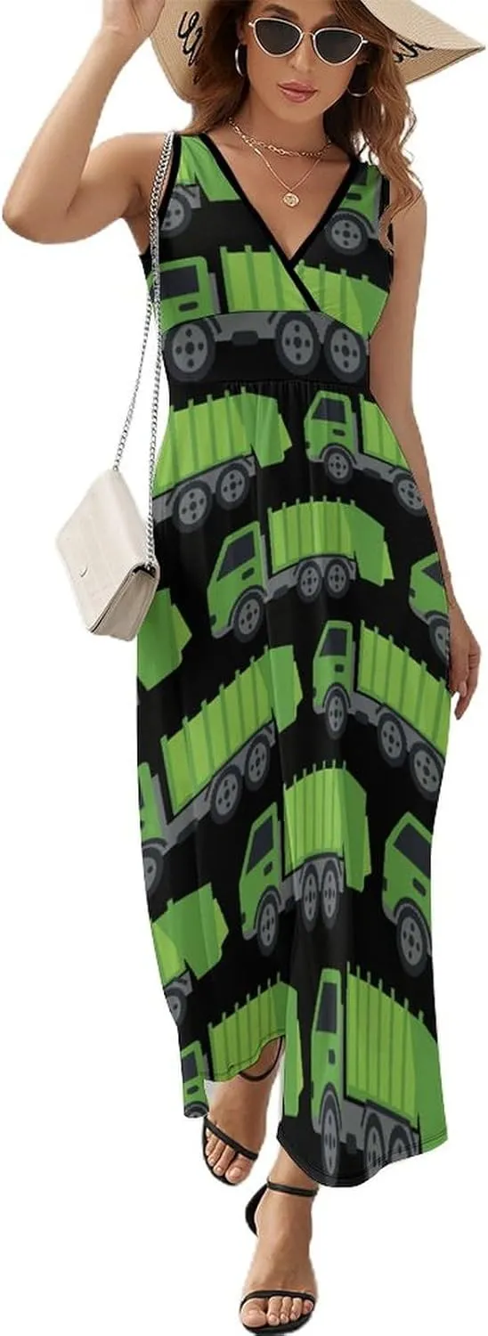 Green Garbage Truck Women Maxi Dress Sleeveless Sundress Casual Tank Long Dresses