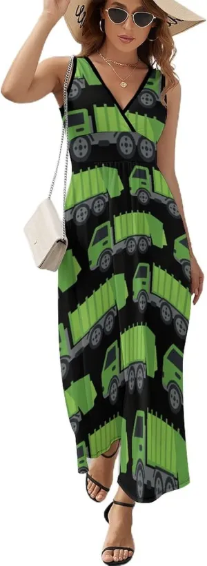 Green Garbage Truck Women Maxi Dress Sleeveless Sundress Casual Tank Long Dresses