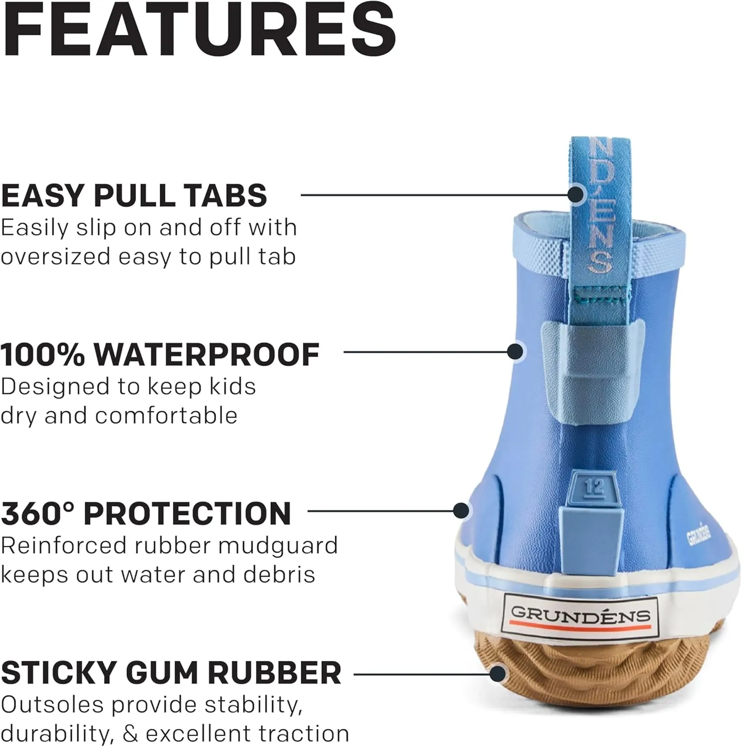 Grundéns Kid's Guppy Rain Boots - Lightweight Rubber Waterproof Kids and Toddlers Shoes, Easy-On Loop, Girls Rain Boots and Boys Rain Boots
