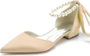Hanfike Girls Womens Elegant Wedding Flats Ankle Chains Pointed Toe Formal Evening Shoes with Ribbon JY286