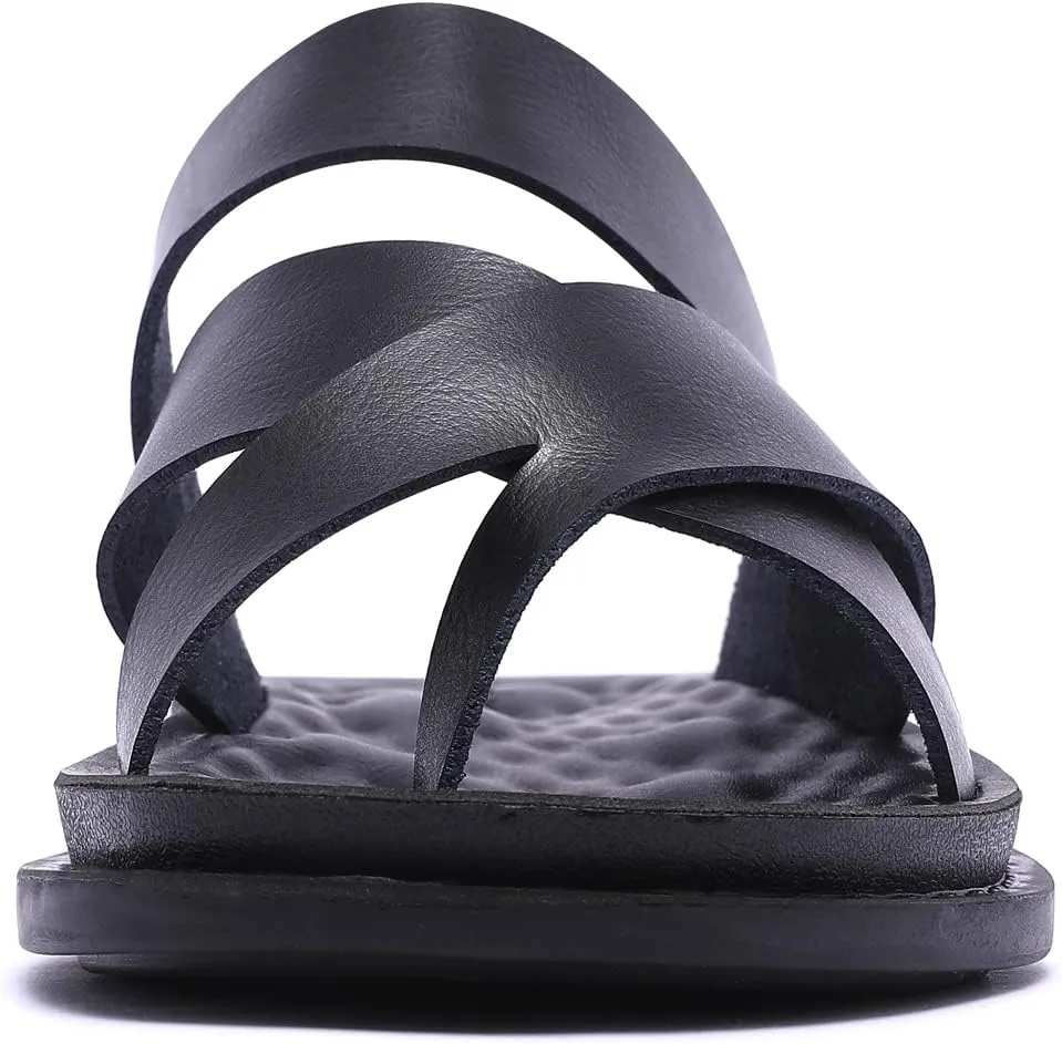 Harssidanzar Men's Sandals,Quick-Dry Flip-Flop Summer Slip On Cross Straps Slide Sandals Toe Ring Style Outdoor And Indoor KM221US