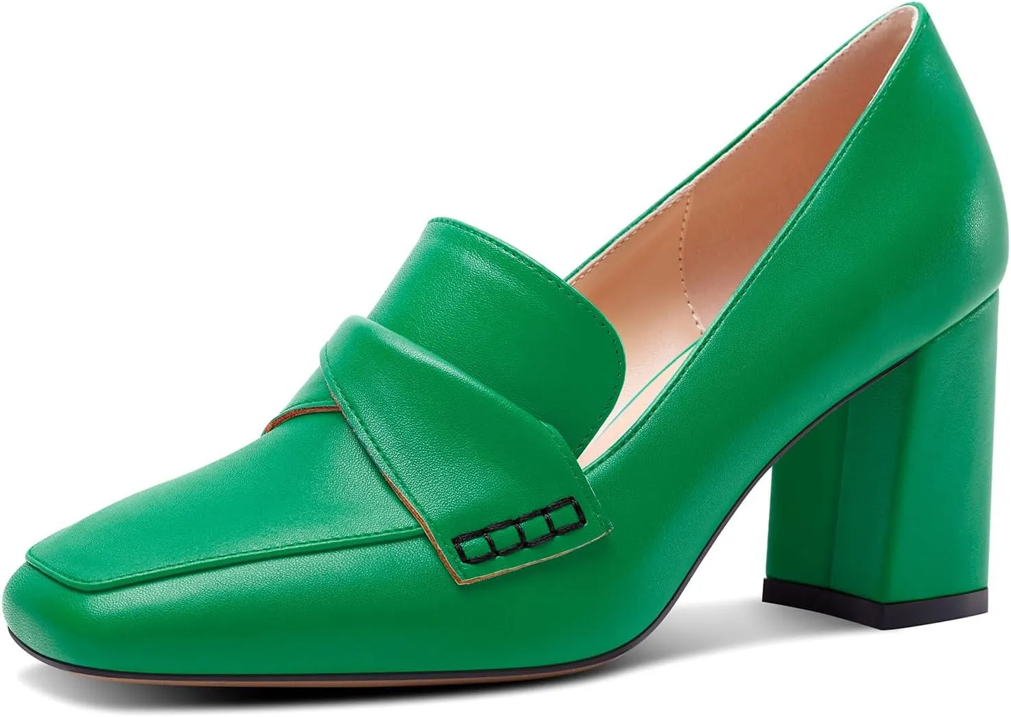 HDEUOLM Womens Chunky Block Mid Heel Square Toe Pumps Slip-on Loafers Shoes Office Basic Classic 3.2 Inches Shoes