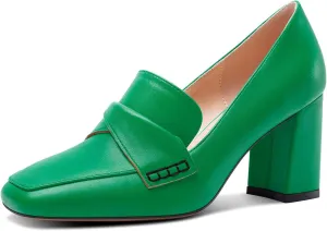 HDEUOLM Womens Chunky Block Mid Heel Square Toe Pumps Slip-on Loafers Shoes Office Basic Classic 3.2 Inches Shoes