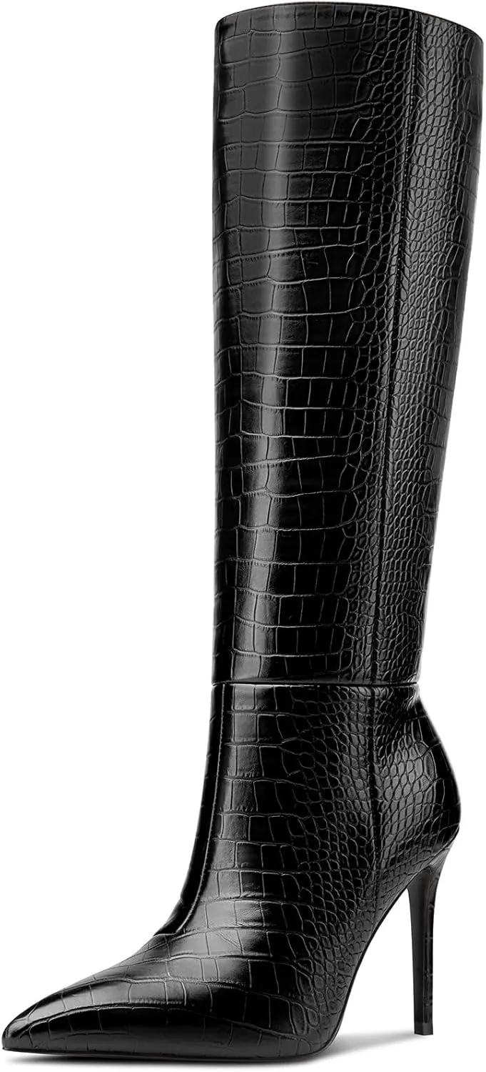 HDEUOLM Womens Stiletto High Heel Pointed Toe Knee High Boots Slip-on Party Basic Classic Crocodile Boots
