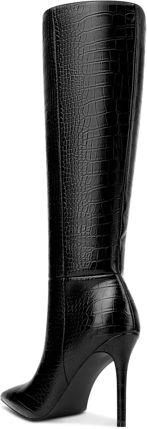 HDEUOLM Womens Stiletto High Heel Pointed Toe Knee High Boots Slip-on Party Basic Classic Crocodile Boots