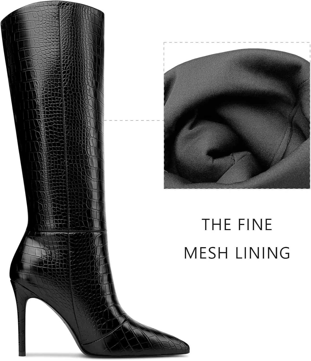 HDEUOLM Womens Stiletto High Heel Pointed Toe Knee High Boots Slip-on Party Basic Classic Crocodile Boots