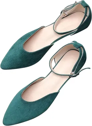 Hee grand Flats for Women Closed Pointed Toe Flats Adjustable Ankle Strap Ballet Shoes Suede Dress Shoes Sandals