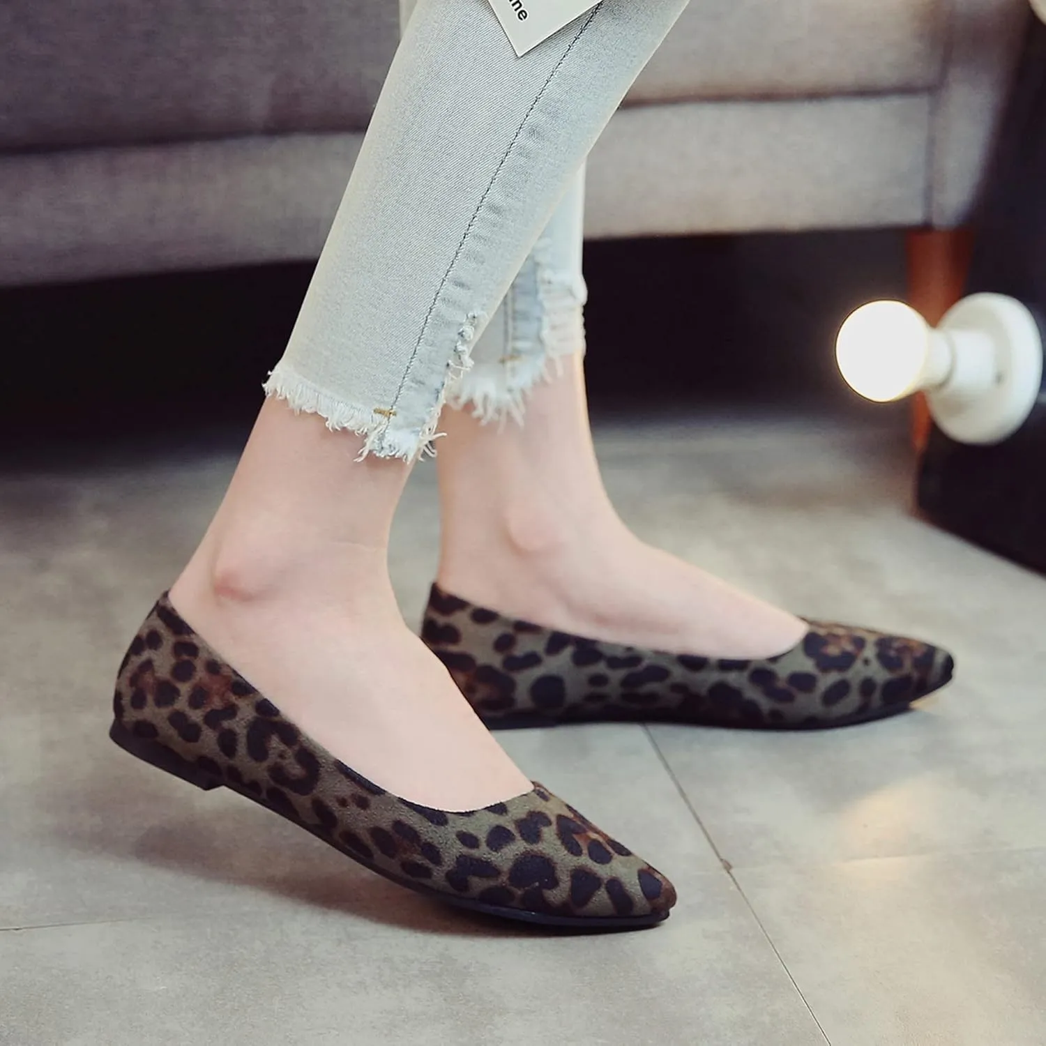 Hee grand Women's Leopard Suede Ballet Flats Pointy Toe Shallow Slip on Loafers Comfortable Walking Shoes Fashion Christmas Dress Shoes
