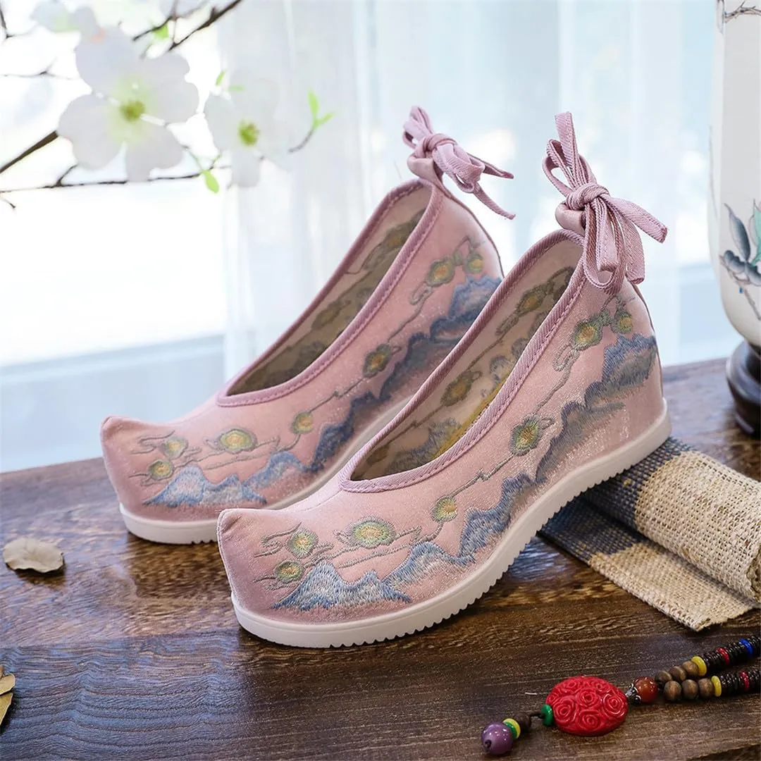 Hidden Platform Vintage Women Flock Cotton Embroidered Shoes Ladies Casual Chinese Style Embroidery Costume Shoes
