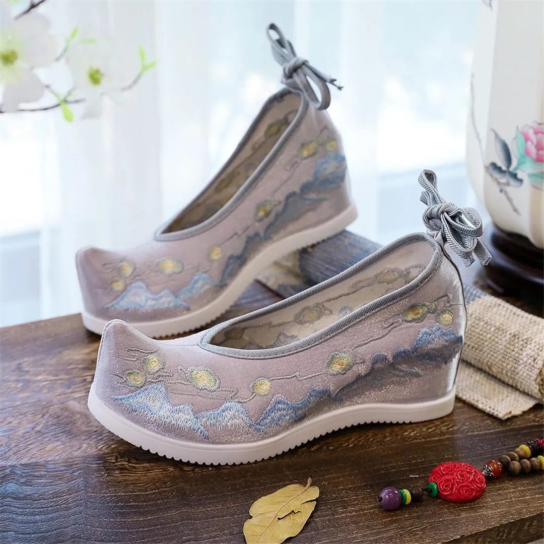 Hidden Platform Vintage Women Flock Cotton Embroidered Shoes Ladies Casual Chinese Style Embroidery Costume Shoes
