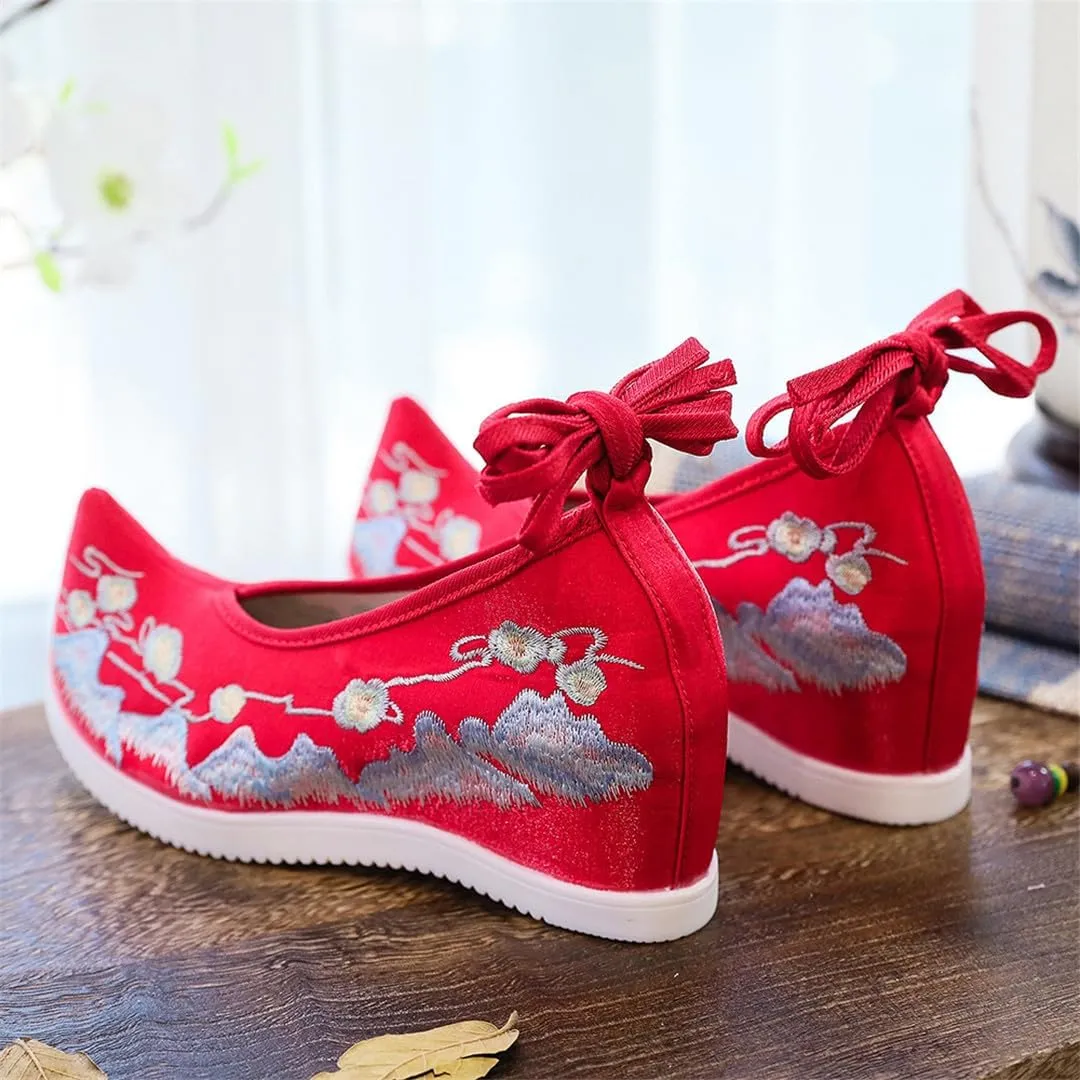 Hidden Platform Vintage Women Flock Cotton Embroidered Shoes Ladies Casual Chinese Style Embroidery Costume Shoes