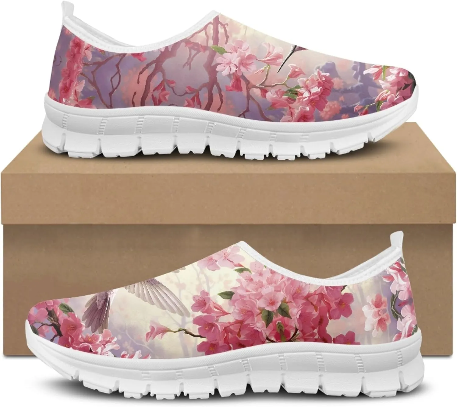 Hummingbird Floral Print Lightweight Walking Shoes for Women Mesh Casual Sneakers Size 5-10.5