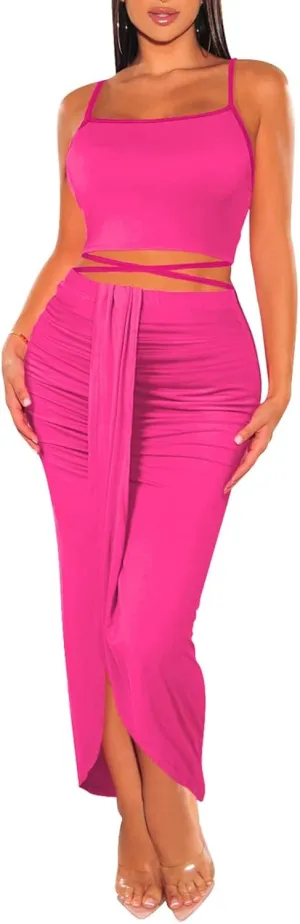 HUUSA Women's Sexy 2 Piece Skirt Sets Elegant Bodycon Maxi Dress Sleeveless Tank Shirt Tops High Waist Ruched Slit Long Dress