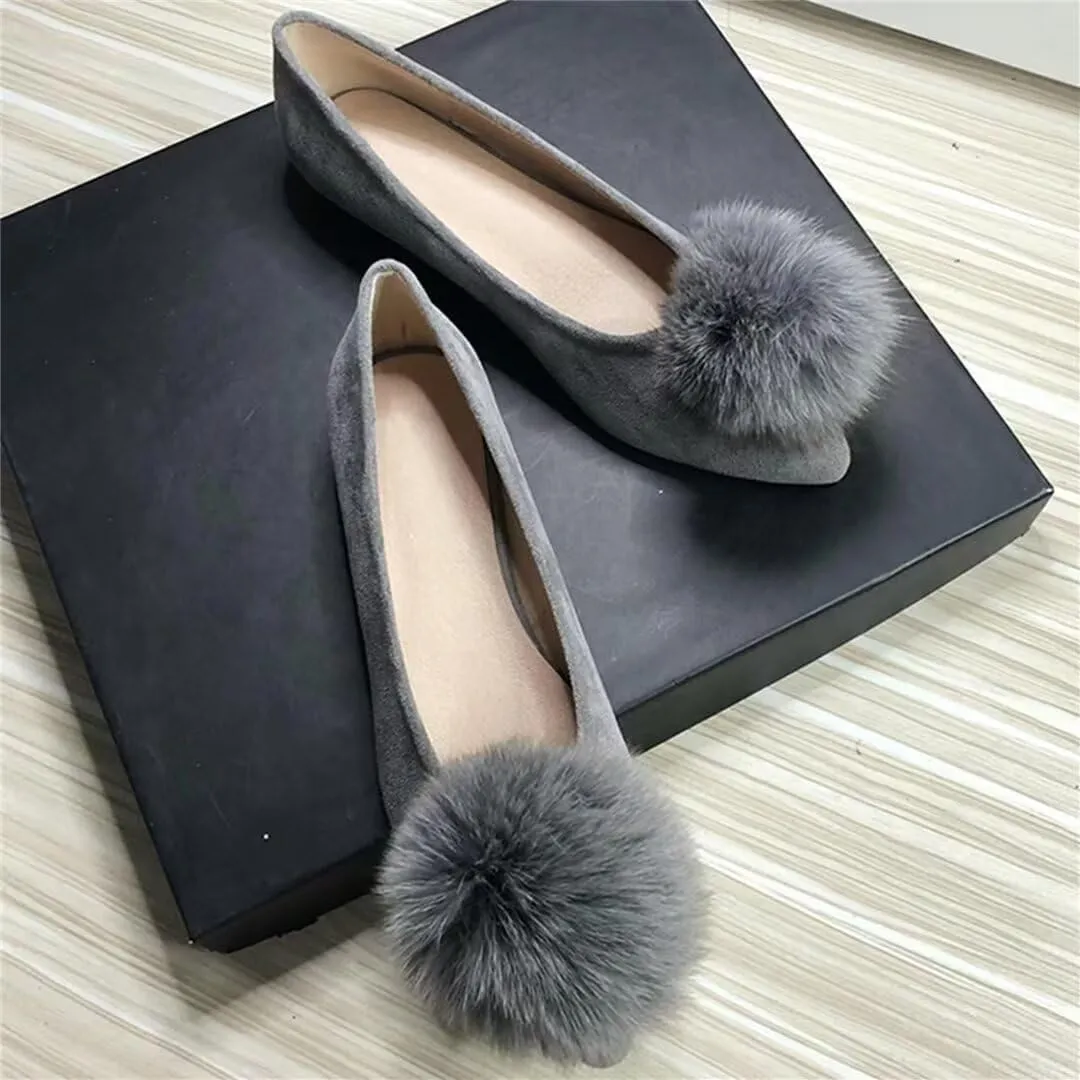 INEELUYI Women's Pom Pom Ballets Flats Pointy Toe Slip on Dress Flats Loafers Wedding Bowknot Shoes