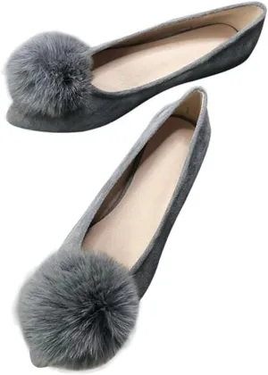 INEELUYI Women's Pom Pom Ballets Flats Pointy Toe Slip on Dress Flats Loafers Wedding Bowknot Shoes