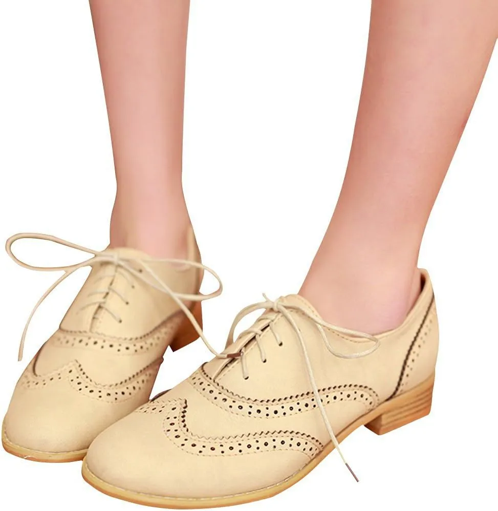 Inornever Womens Brogue Oxfords Fashion Low Flat Heel Lace Up Carving Wingtip Vintage Dress Shoes