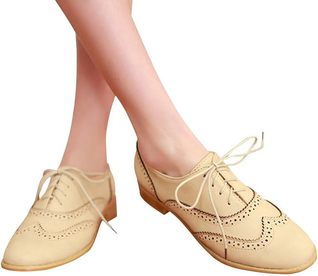 Inornever Womens Brogue Oxfords Fashion Low Flat Heel Lace Up Carving Wingtip Vintage Dress Shoes