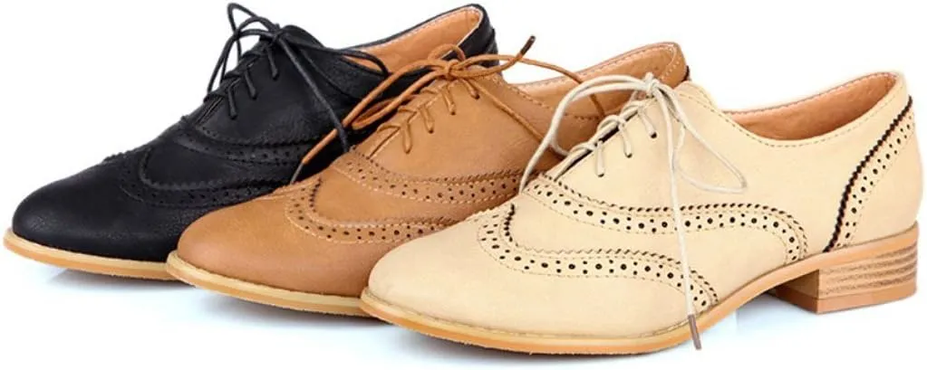Inornever Womens Brogue Oxfords Fashion Low Flat Heel Lace Up Carving Wingtip Vintage Dress Shoes