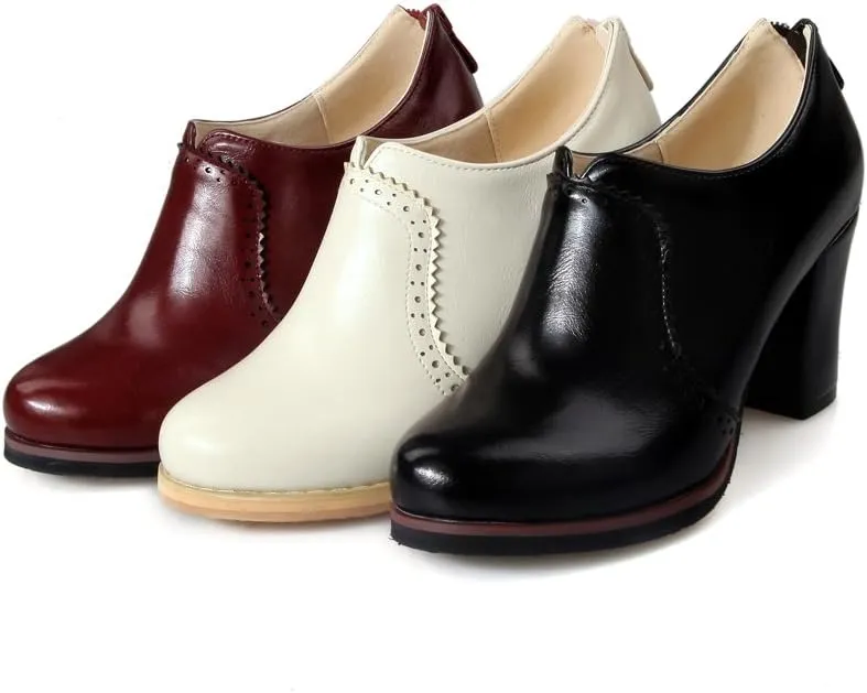 Inornever Women's Oxfords Pumps Shoes Slip on Wingtip Fashion Vintage Pu Chunky High Heel Ankle Brogue Bootie