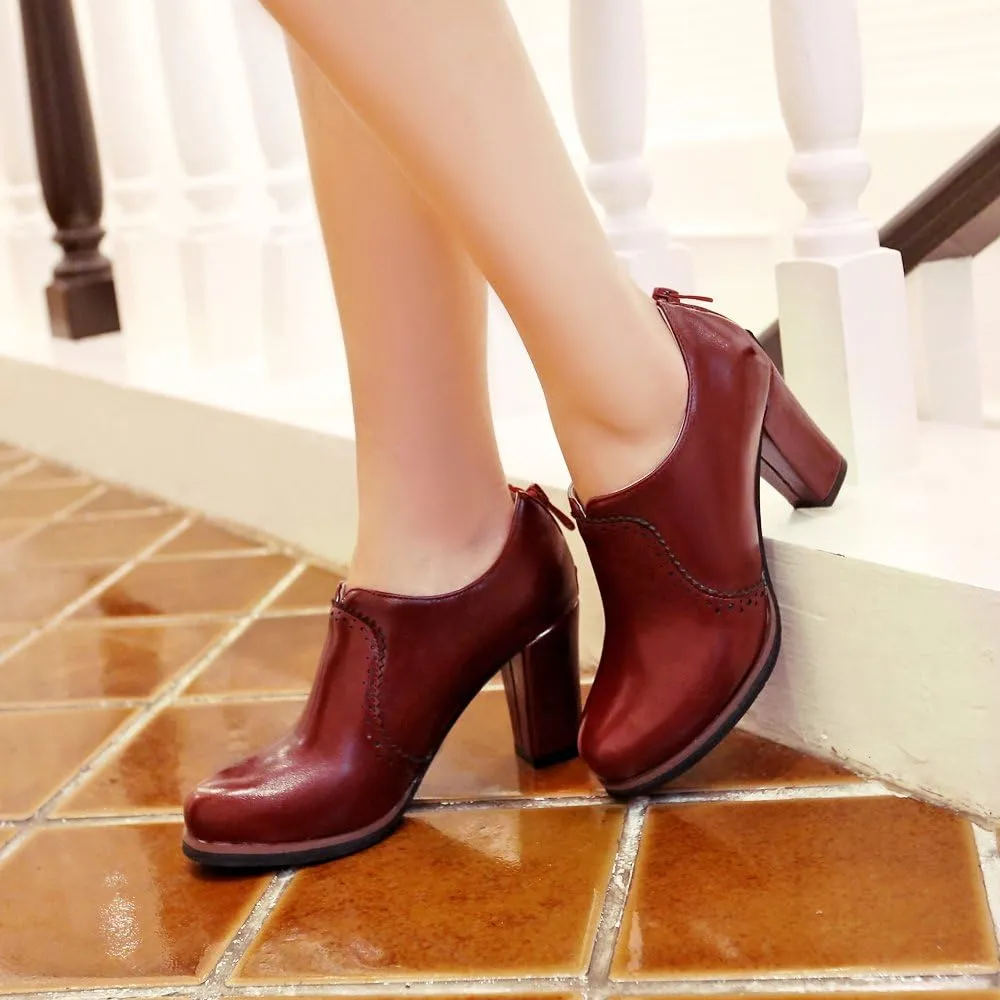 Inornever Women's Oxfords Pumps Shoes Slip on Wingtip Fashion Vintage Pu Chunky High Heel Ankle Brogue Bootie