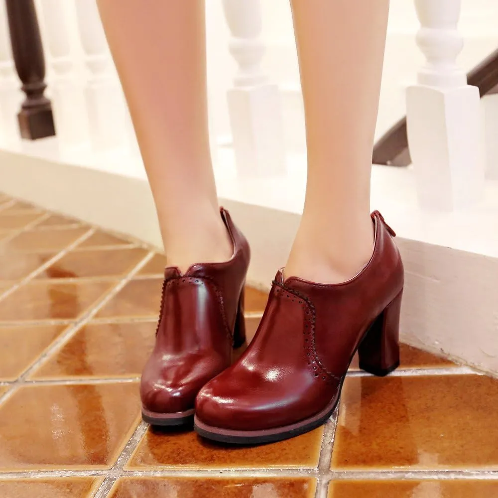 Inornever Women's Oxfords Pumps Shoes Slip on Wingtip Fashion Vintage Pu Chunky High Heel Ankle Brogue Bootie