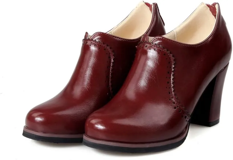 Inornever Women's Oxfords Pumps Shoes Slip on Wingtip Fashion Vintage Pu Chunky High Heel Ankle Brogue Bootie