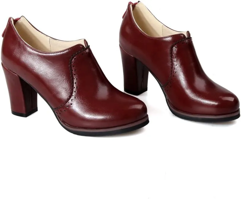Inornever Women's Oxfords Pumps Shoes Slip on Wingtip Fashion Vintage Pu Chunky High Heel Ankle Brogue Bootie
