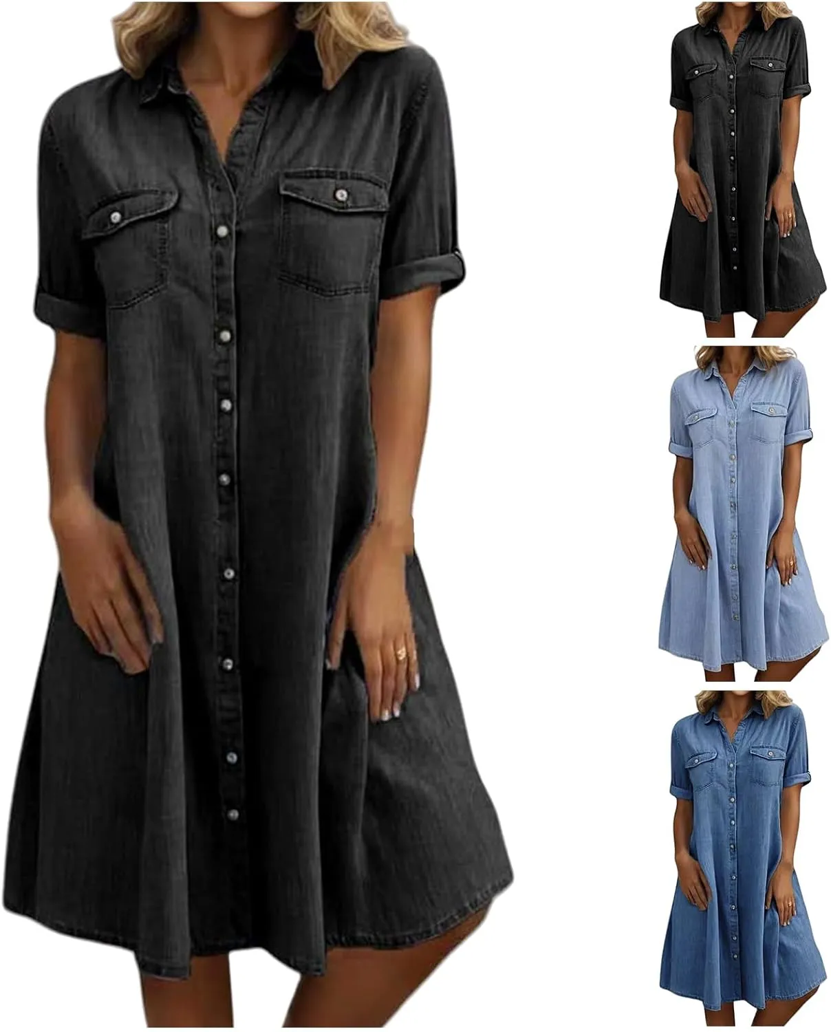 Jean Dresses for Women Short Sleeve V Neck Tunic Jean Midi Dress Button Down Casual Shift Dress Vintage Y2K Dresses