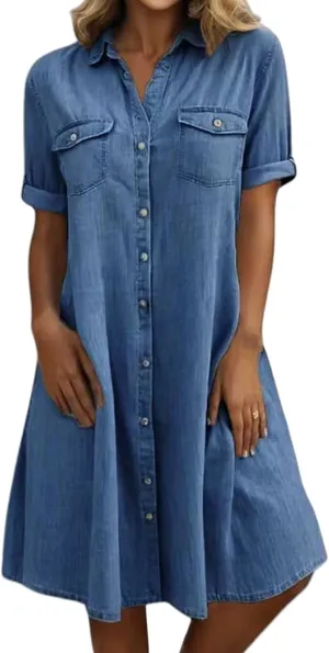 Jean Dresses for Women Short Sleeve V Neck Tunic Jean Midi Dress Button Down Casual Shift Dress Vintage Y2K Dresses