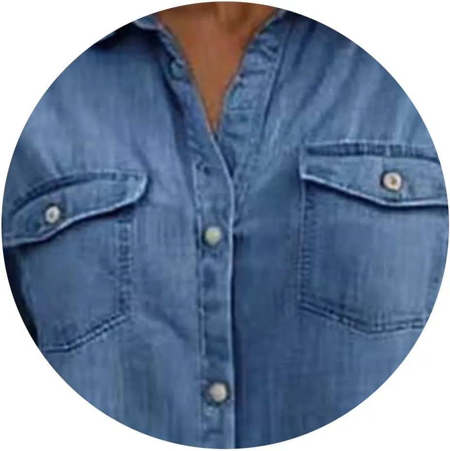 Jean Dresses for Women Short Sleeve V Neck Tunic Jean Midi Dress Button Down Casual Shift Dress Vintage Y2K Dresses