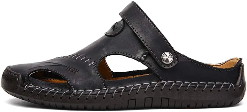 JEBU Men's Leather Casual Closed Toe Outdoor Fisherman Lightweight Summer Sandals