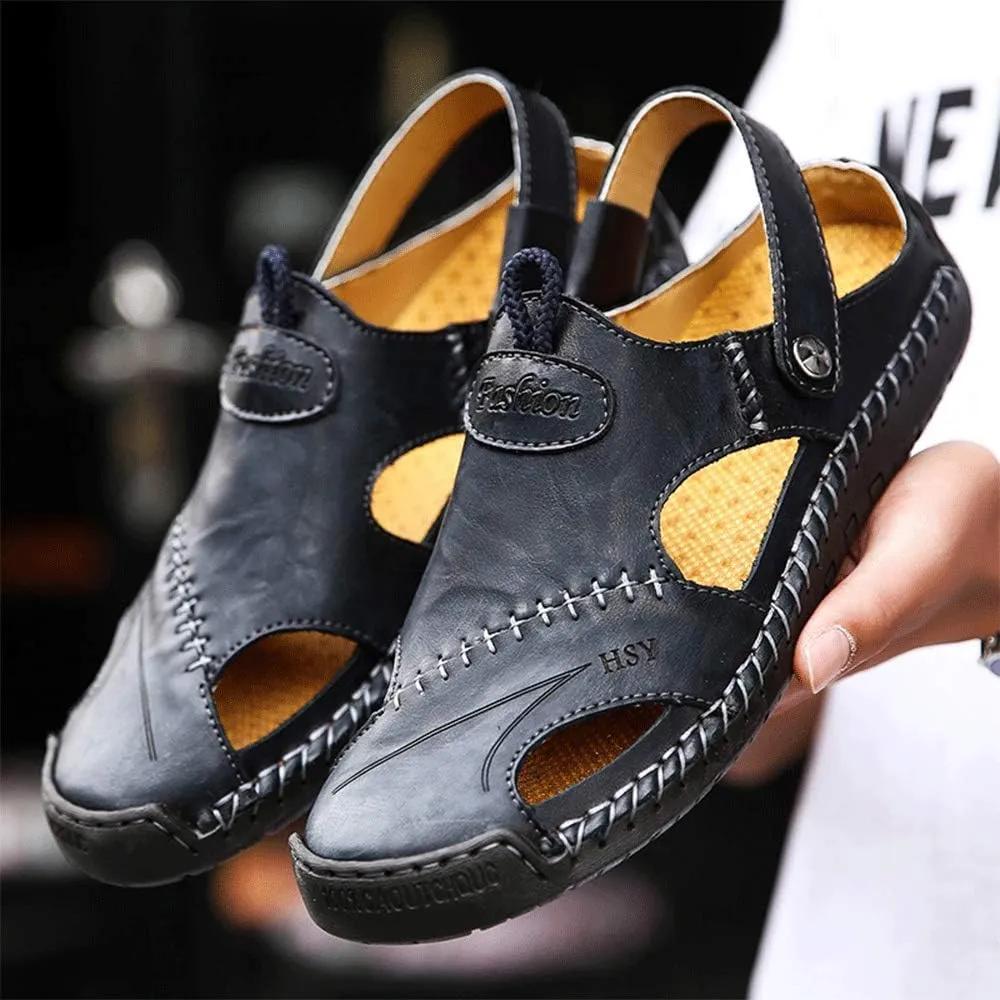 JEBU Men's Leather Casual Closed Toe Outdoor Fisherman Lightweight Summer Sandals
