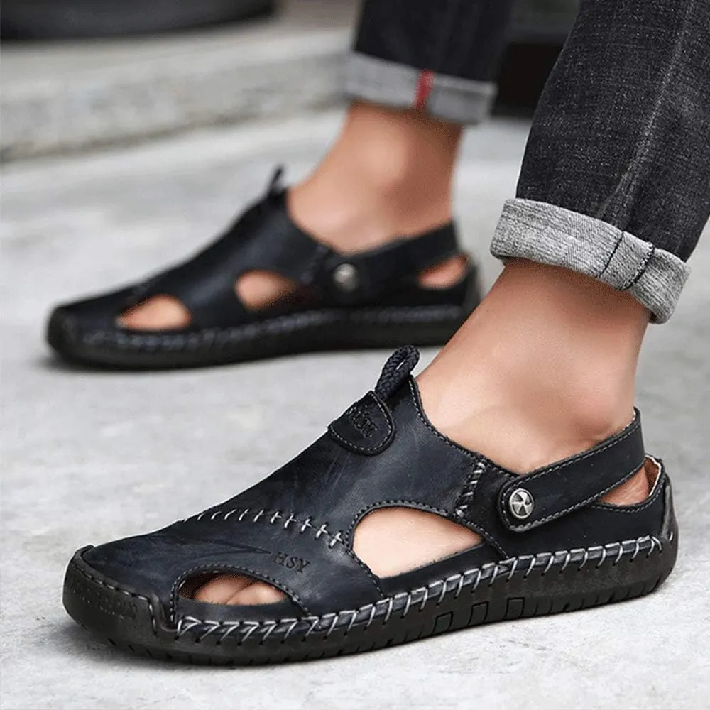 JEBU Men's Leather Casual Closed Toe Outdoor Fisherman Lightweight Summer Sandals