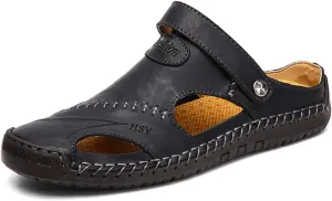 JEBU Men's Leather Casual Closed Toe Outdoor Fisherman Lightweight Summer Sandals