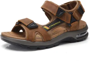JEBU Men's Leather Open Toe Outdoor Casual Hiking Waterproof Beach Air Cushion Sandals