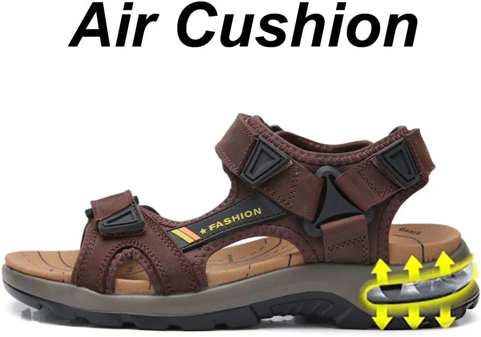 JEBU Men's Leather Open Toe Outdoor Casual Hiking Waterproof Beach Air Cushion Sandals
