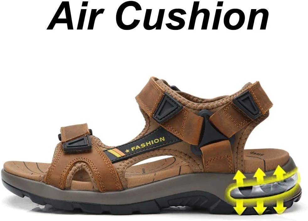 JEBU Men's Leather Open Toe Outdoor Casual Hiking Waterproof Beach Air Cushion Sandals