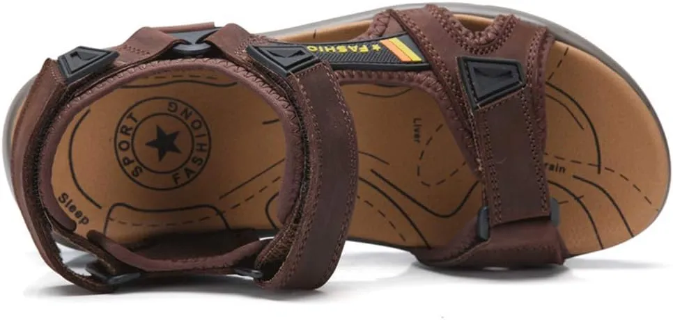 JEBU Men's Leather Open Toe Outdoor Casual Hiking Waterproof Beach Air Cushion Sandals