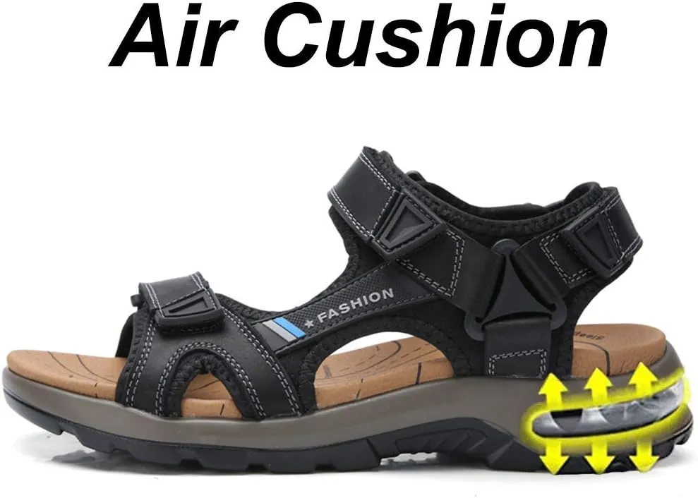 JEBU Men's Leather Open Toe Outdoor Casual Hiking Waterproof Beach Air Cushion Sandals