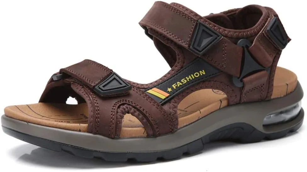 JEBU Men's Leather Open Toe Outdoor Casual Hiking Waterproof Beach Air Cushion Sandals