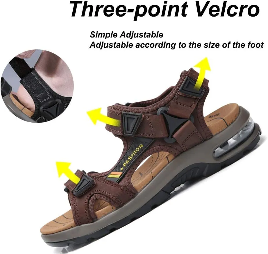 JEBU Men's Leather Open Toe Outdoor Casual Hiking Waterproof Beach Air Cushion Sandals