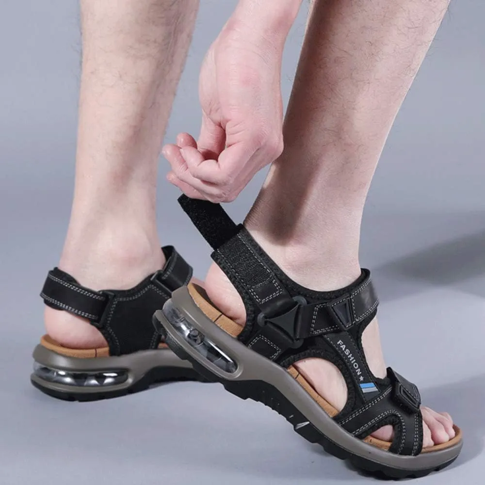 JEBU Men's Leather Open Toe Outdoor Casual Hiking Waterproof Beach Air Cushion Sandals