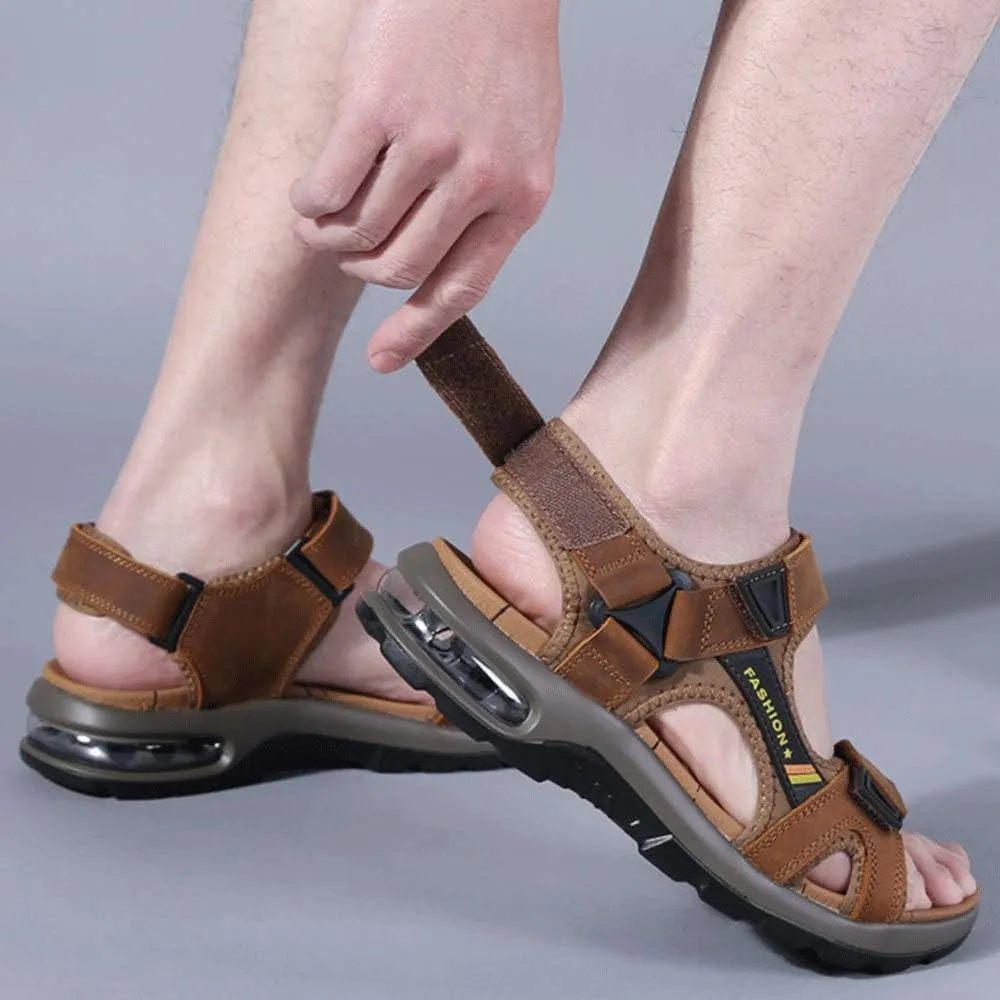 JEBU Men's Leather Open Toe Outdoor Casual Hiking Waterproof Beach Air Cushion Sandals