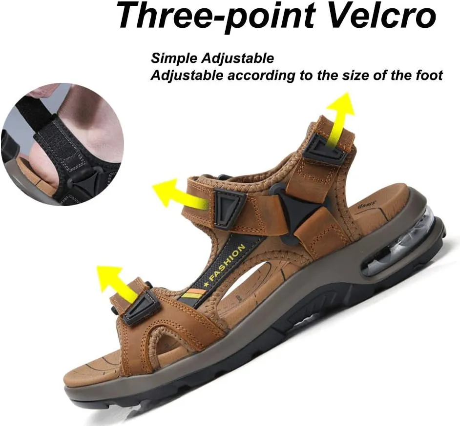 JEBU Men's Leather Open Toe Outdoor Casual Hiking Waterproof Beach Air Cushion Sandals