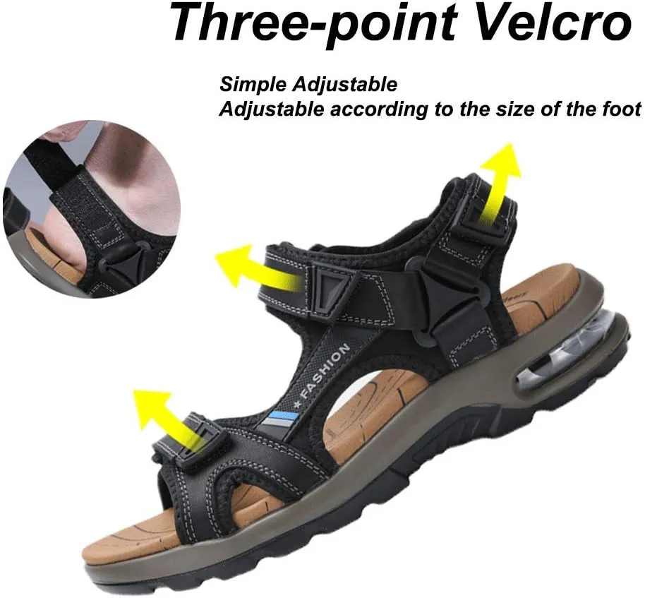 JEBU Men's Leather Open Toe Outdoor Casual Hiking Waterproof Beach Air Cushion Sandals