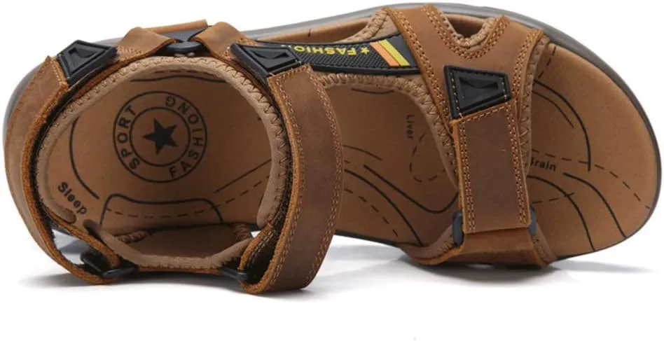 JEBU Men's Leather Open Toe Outdoor Casual Hiking Waterproof Beach Air Cushion Sandals