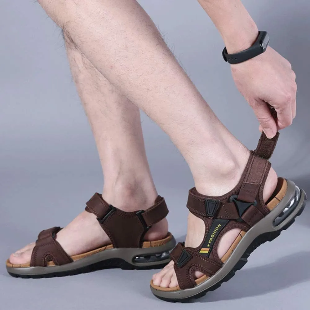 JEBU Men's Leather Open Toe Outdoor Casual Hiking Waterproof Beach Air Cushion Sandals