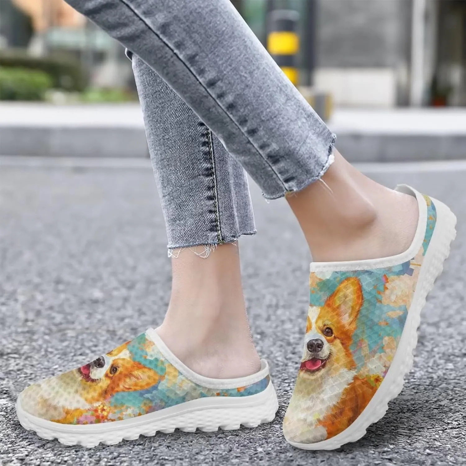 Jeiento Dog Shoes for Women Mesh Breathable Walking Mules Shoes Garden Sneaker Flat Open Back Slip-on Loafers Ladies Slippers